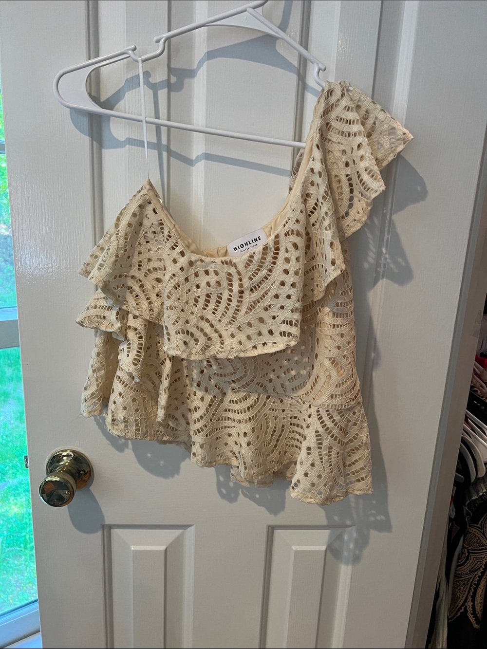 One-Shoulder Lace Ruffle Top in Cream